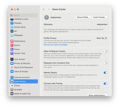 Sequoia-Settings-Game-Center