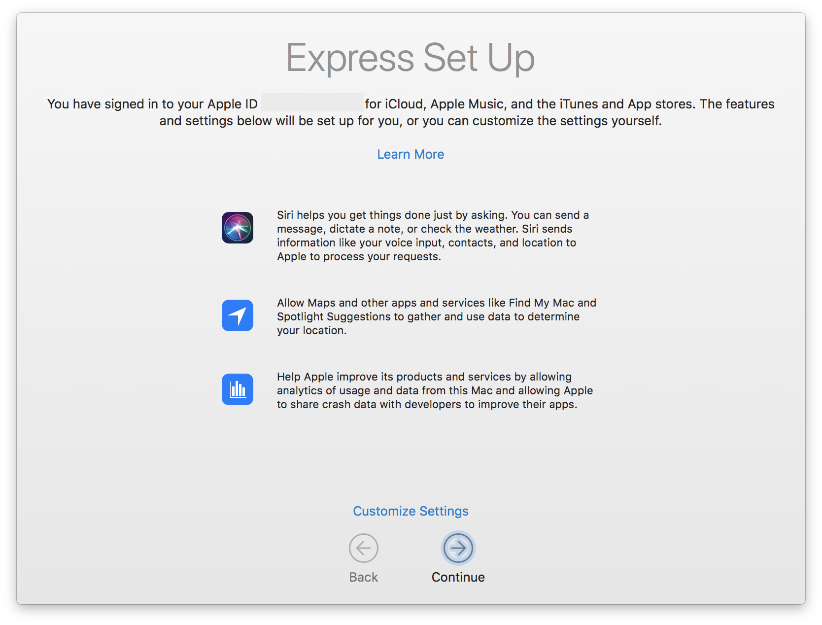 High Sierra&rsquo;s Express Set Up screen
