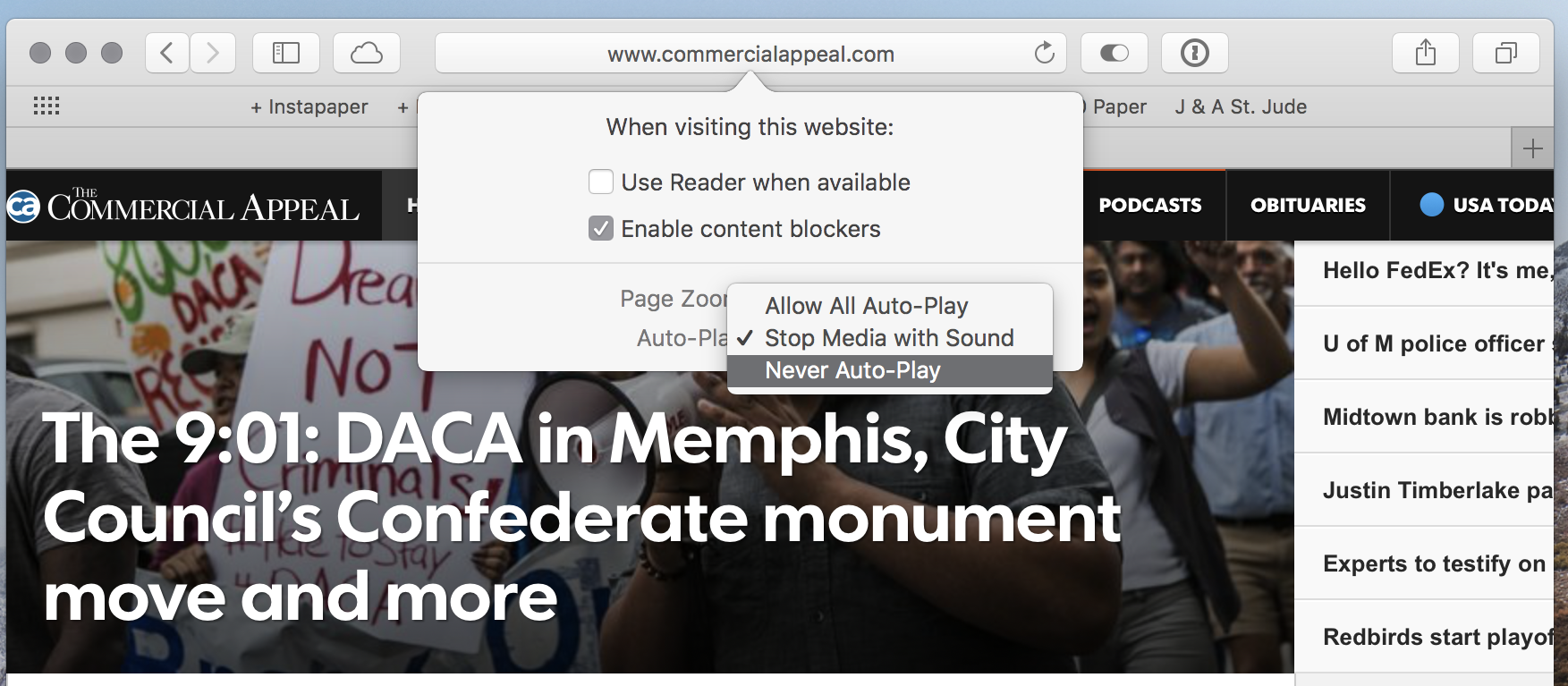 Safari per-site settings