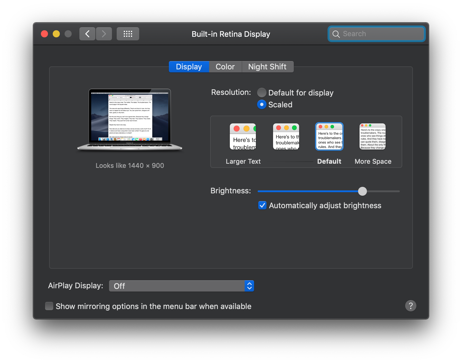Default resolution on Air