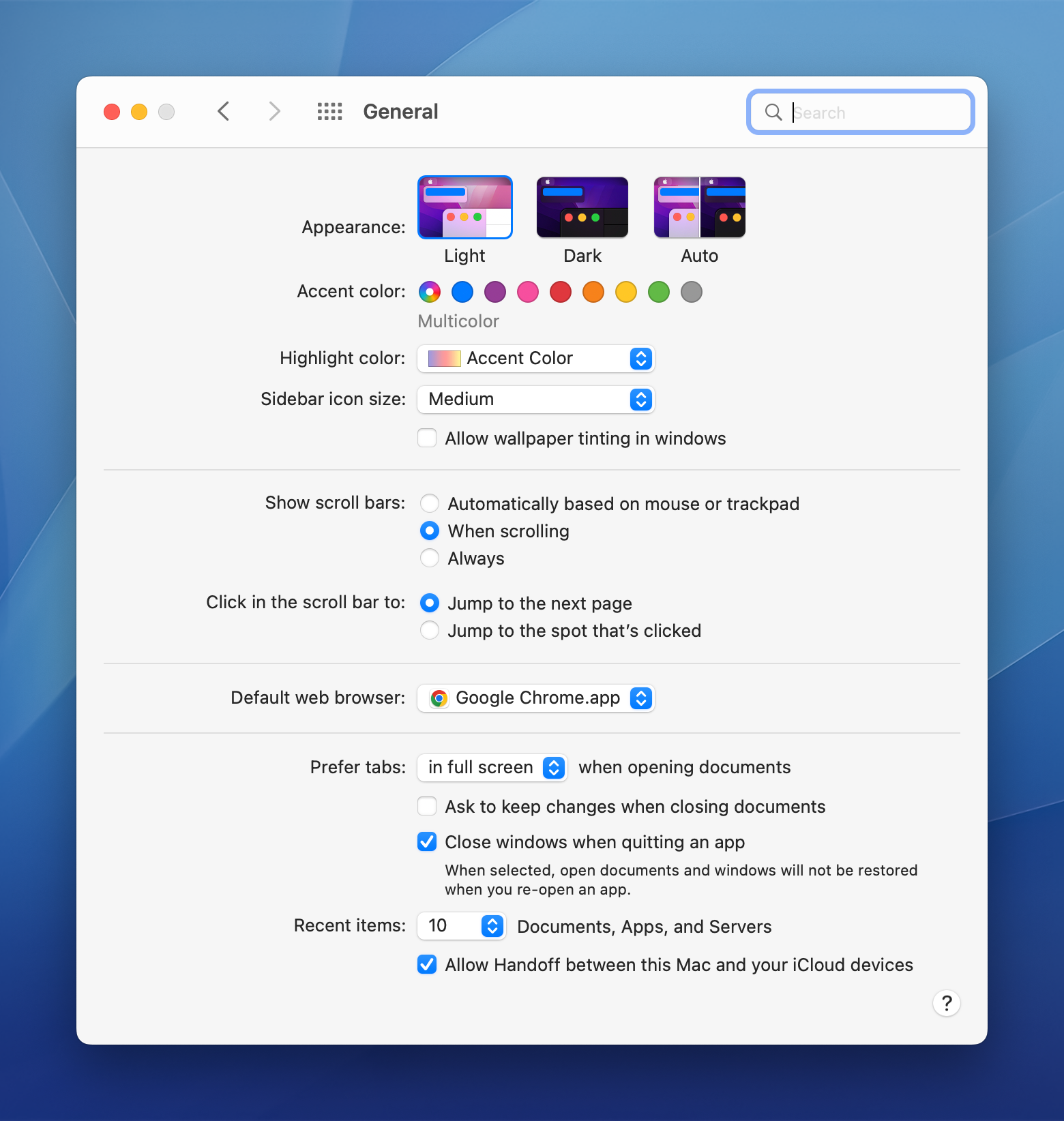 General in System Preferences