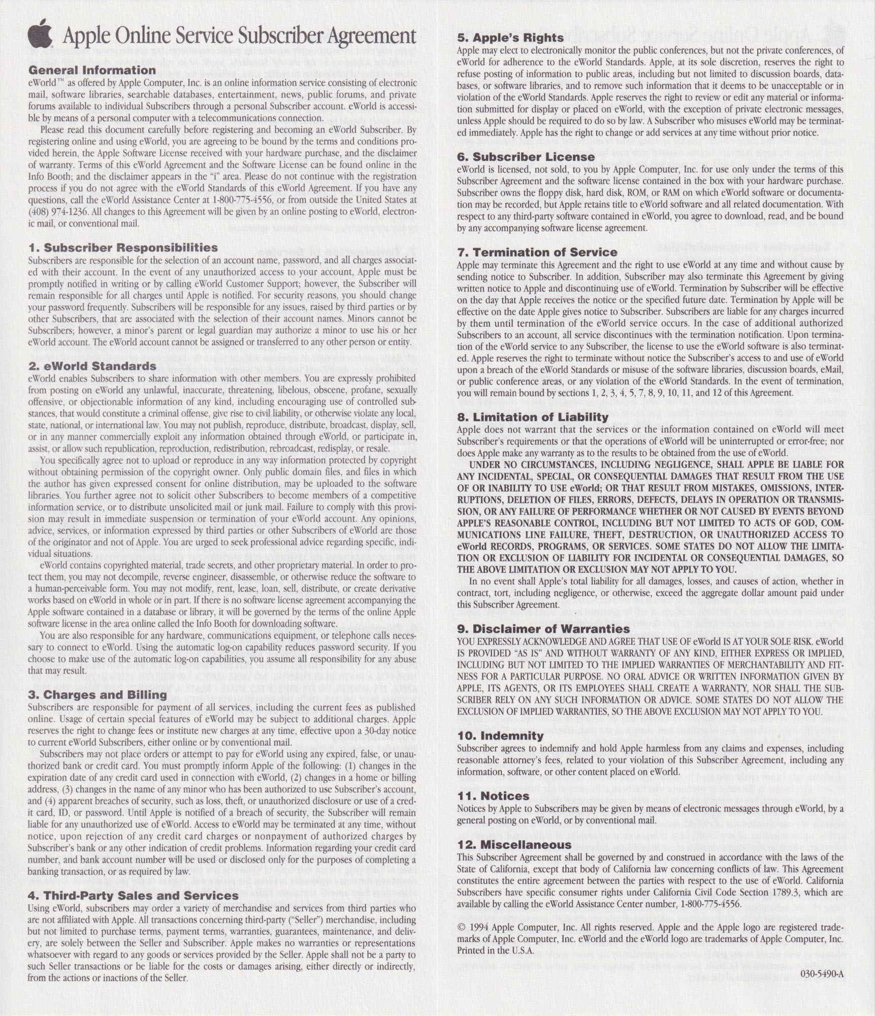 Apple Online Service Subscriber Agreement