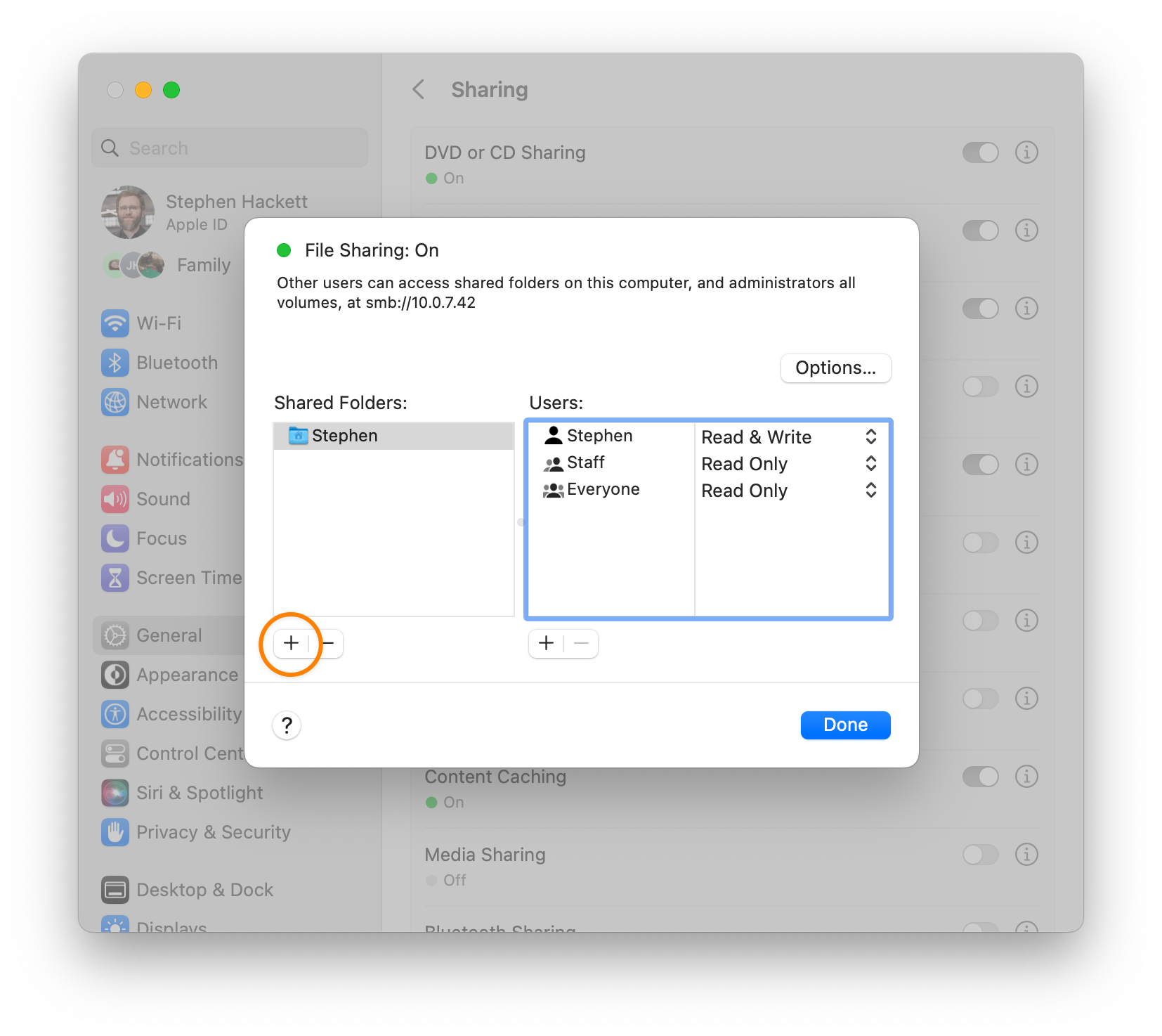 File Sharing Pane in System Settings