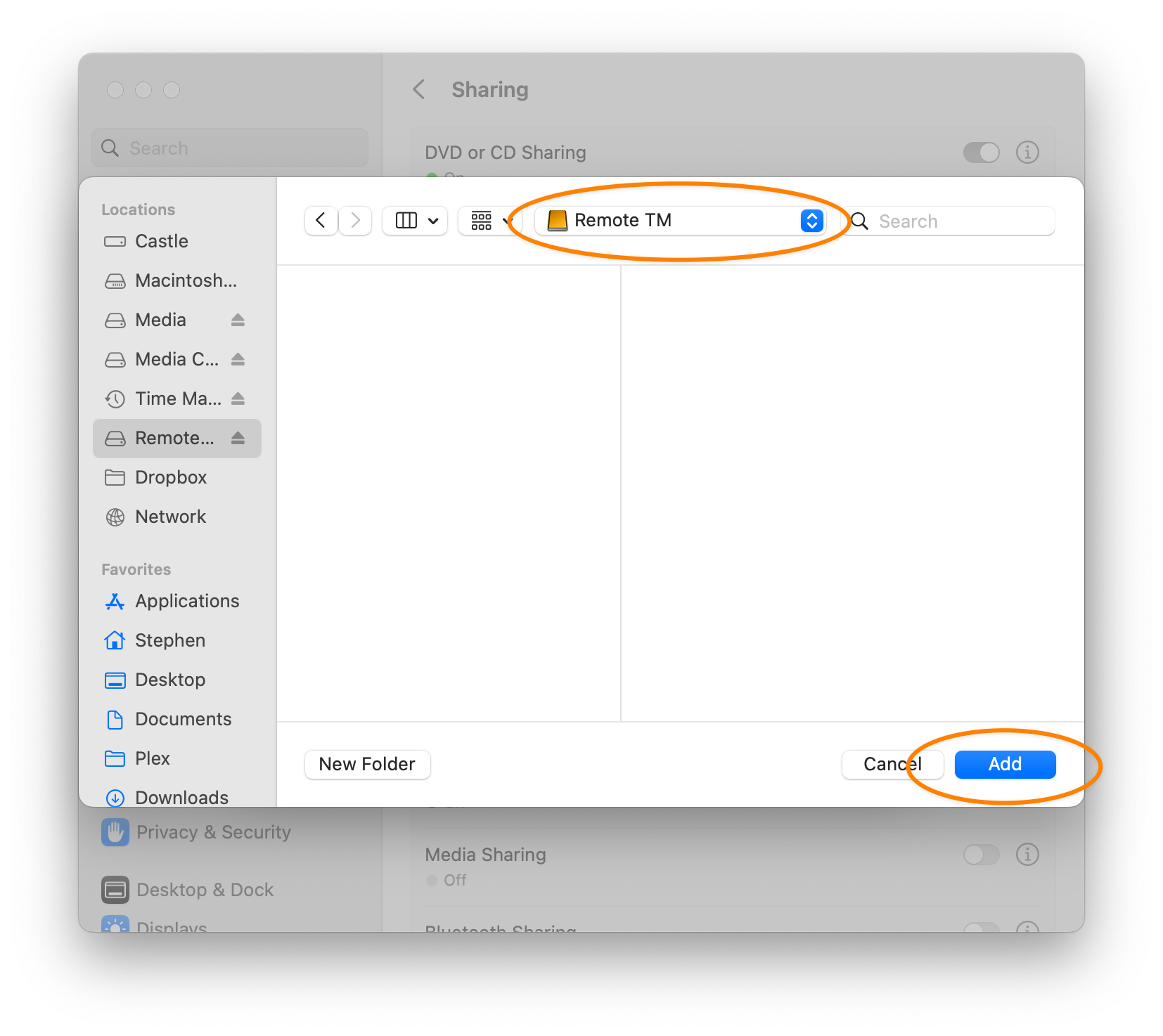 Selecting the remote Time Machine drive