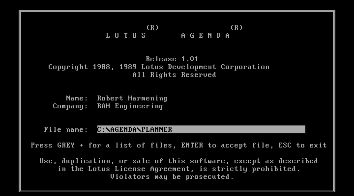 Lotus Agenda&rsquo;s welcome screen